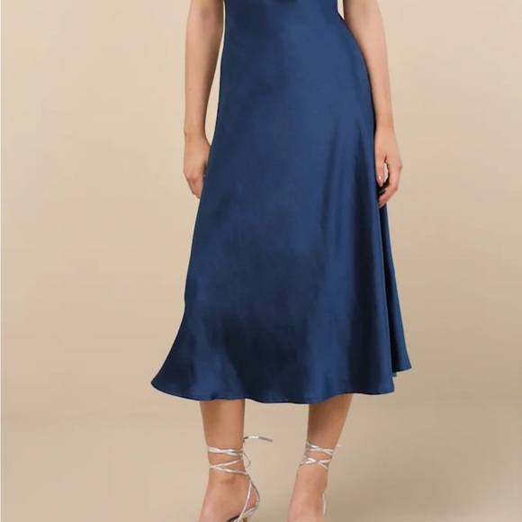 Lulu's Navy Satin Cowl Back Midi Slip Dress - Picture 6 of 7